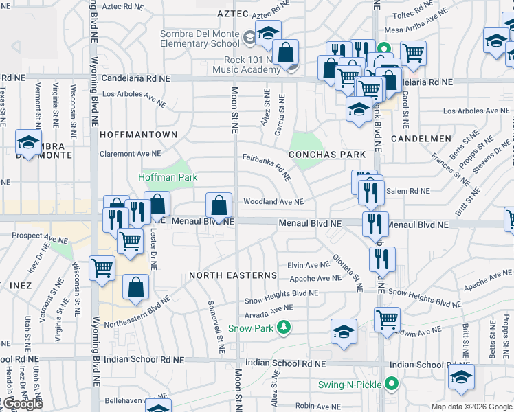 map of restaurants, bars, coffee shops, grocery stores, and more near 9030 Phoenix Avenue Northeast in Albuquerque