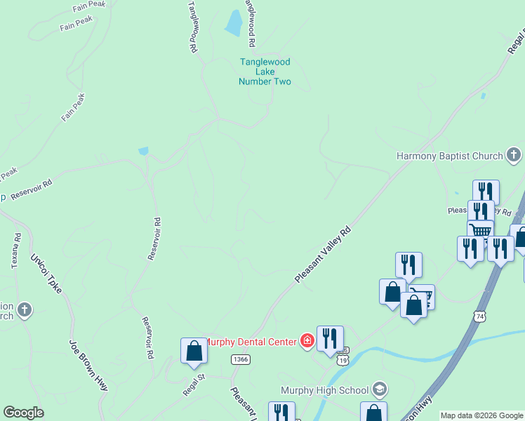 map of restaurants, bars, coffee shops, grocery stores, and more near 207 Pinetree Road in Murphy