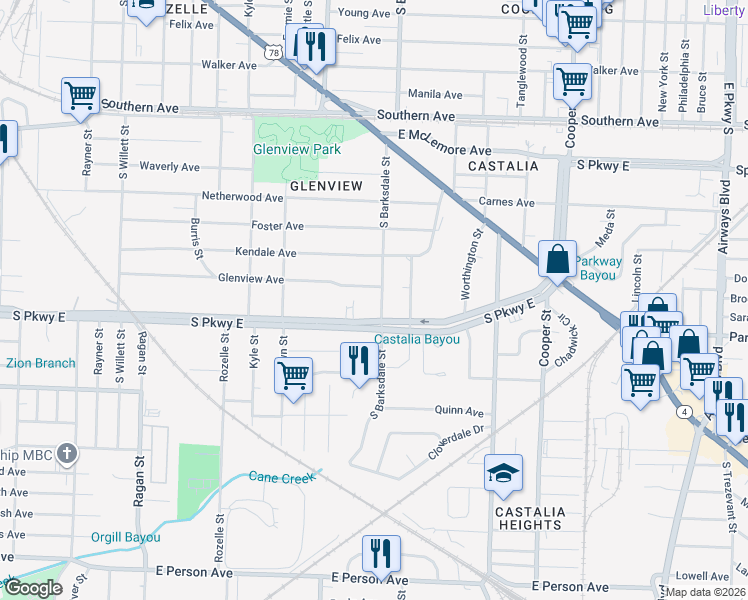 map of restaurants, bars, coffee shops, grocery stores, and more near 1878 Glenview Avenue in Memphis