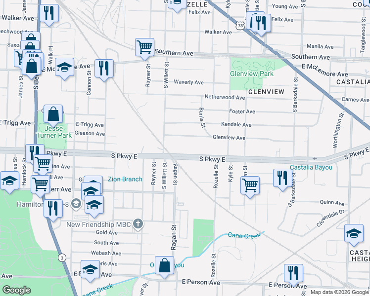 map of restaurants, bars, coffee shops, grocery stores, and more near 1605 Glenview Avenue in Memphis