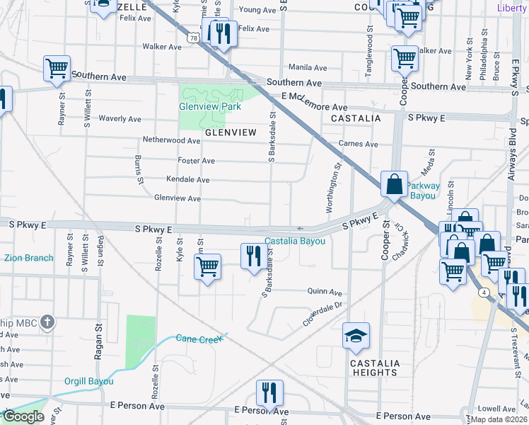 map of restaurants, bars, coffee shops, grocery stores, and more near 1878 Glenview Avenue in Memphis