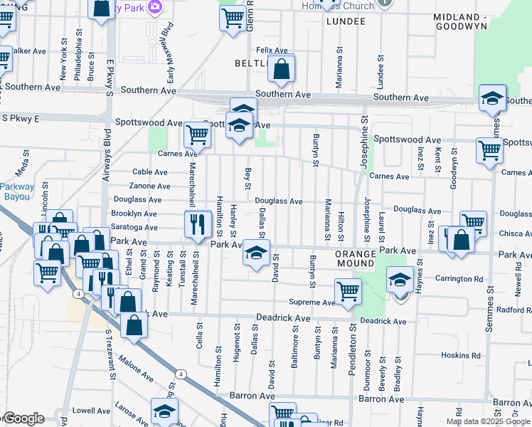 map of restaurants, bars, coffee shops, grocery stores, and more near 787 David Street in Memphis