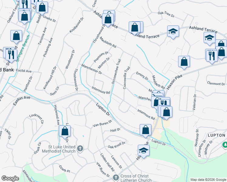 map of restaurants, bars, coffee shops, grocery stores, and more near 616 Manchester Drive in Chattanooga