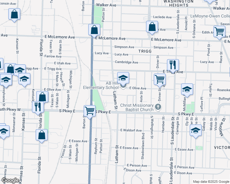 map of restaurants, bars, coffee shops, grocery stores, and more near 1372 Latham Street in Memphis