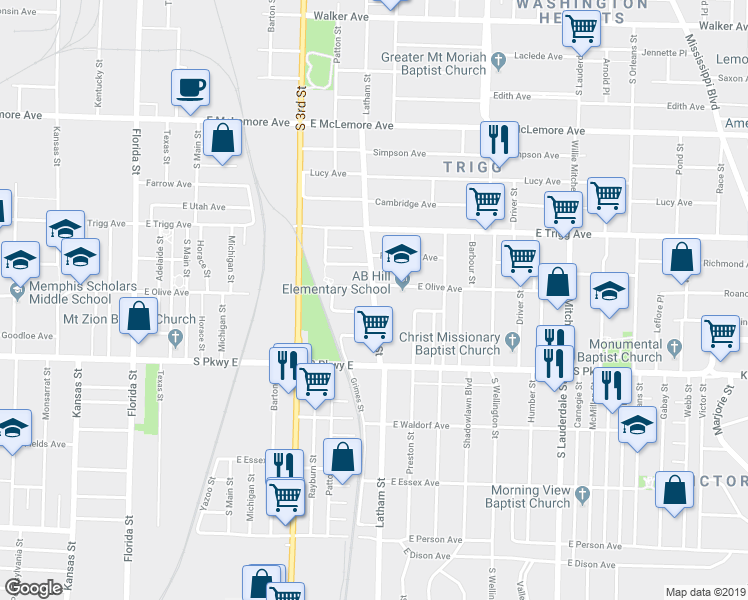 map of restaurants, bars, coffee shops, grocery stores, and more near 1372 Latham Street in Memphis