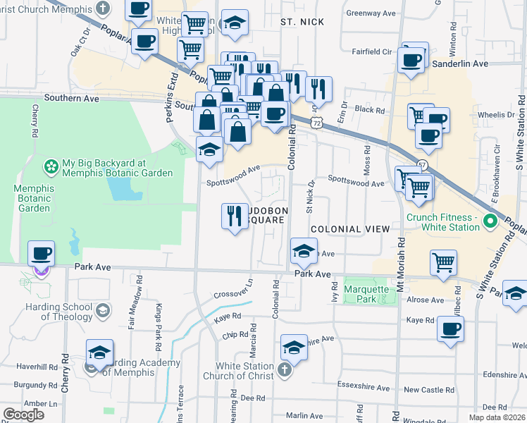 map of restaurants, bars, coffee shops, grocery stores, and more near 4750 Oakbrook Court in Memphis