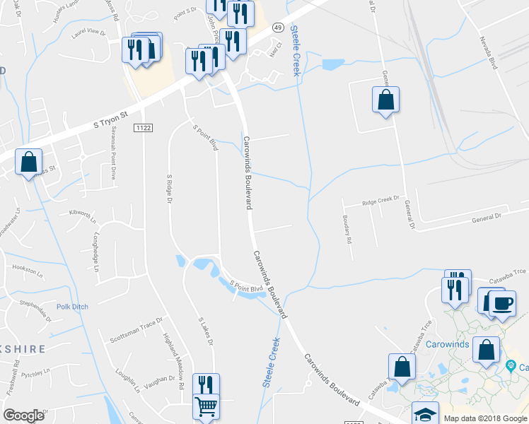 map of restaurants, bars, coffee shops, grocery stores, and more near 13327 Carowinds Boulevard in Charlotte