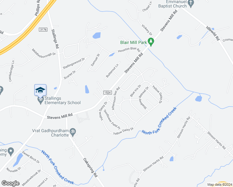 map of restaurants, bars, coffee shops, grocery stores, and more near 1223 Afternoon Sun Road in Stallings