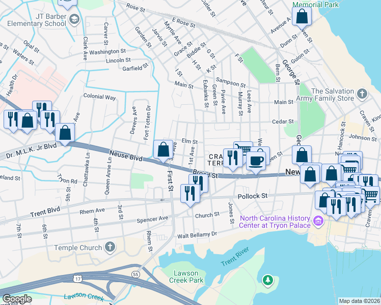 map of restaurants, bars, coffee shops, grocery stores, and more near 621 1st Avenue in New Bern