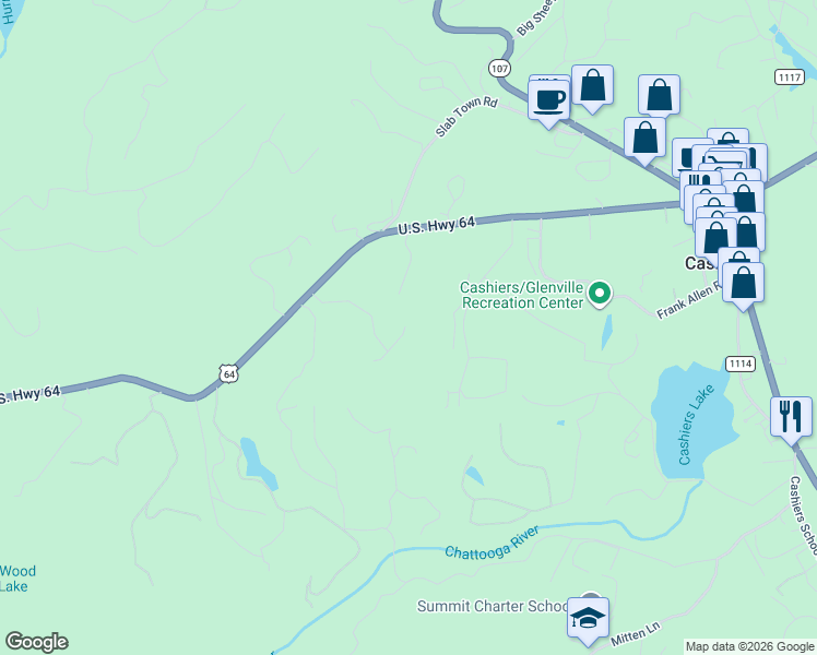 map of restaurants, bars, coffee shops, grocery stores, and more near 111 Dana Place in Cashiers