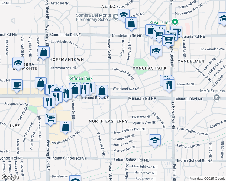 map of restaurants, bars, coffee shops, grocery stores, and more near 8922 Phoenix Avenue Northeast in Albuquerque
