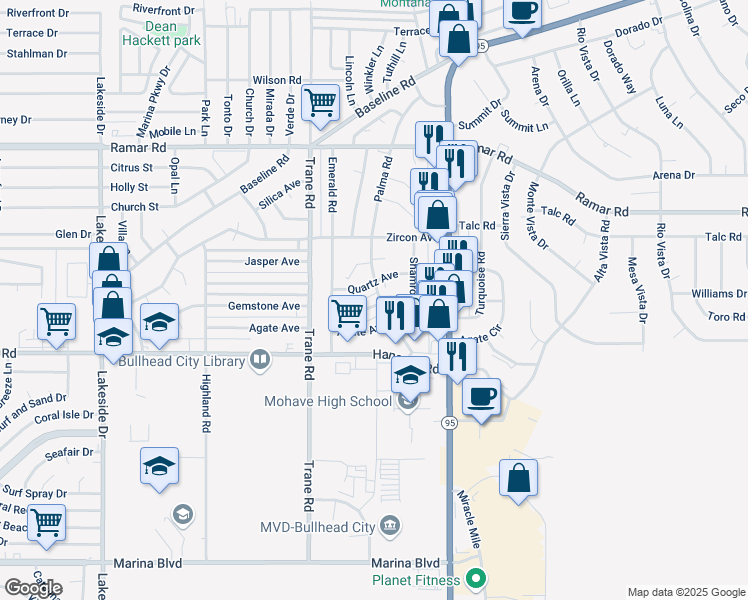 map of restaurants, bars, coffee shops, grocery stores, and more near 1355 Gemstone Avenue in Bullhead City