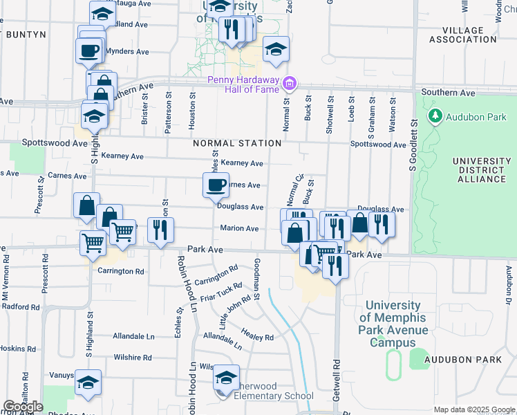 map of restaurants, bars, coffee shops, grocery stores, and more near 3802 Douglass Avenue in Memphis