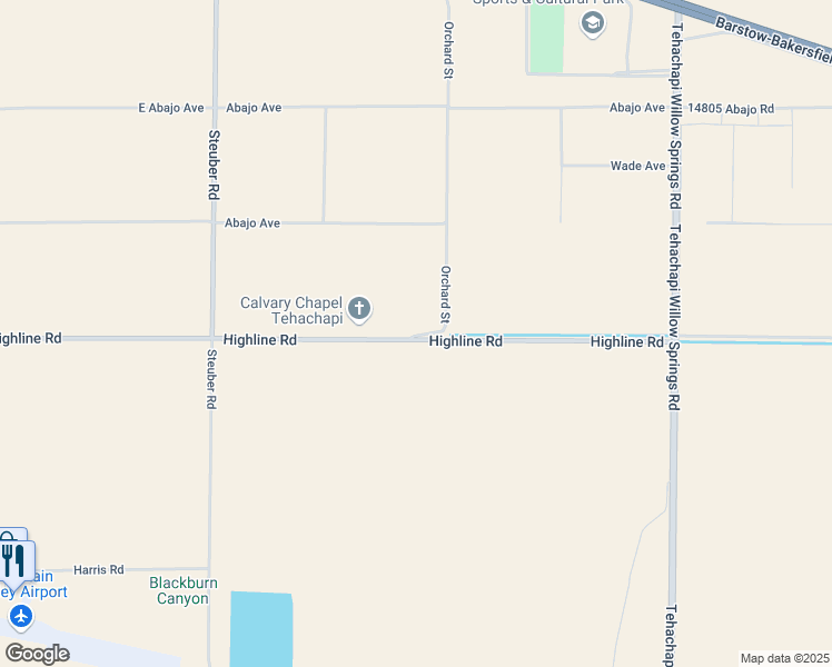 map of restaurants, bars, coffee shops, grocery stores, and more near Highline Road in Tehachapi