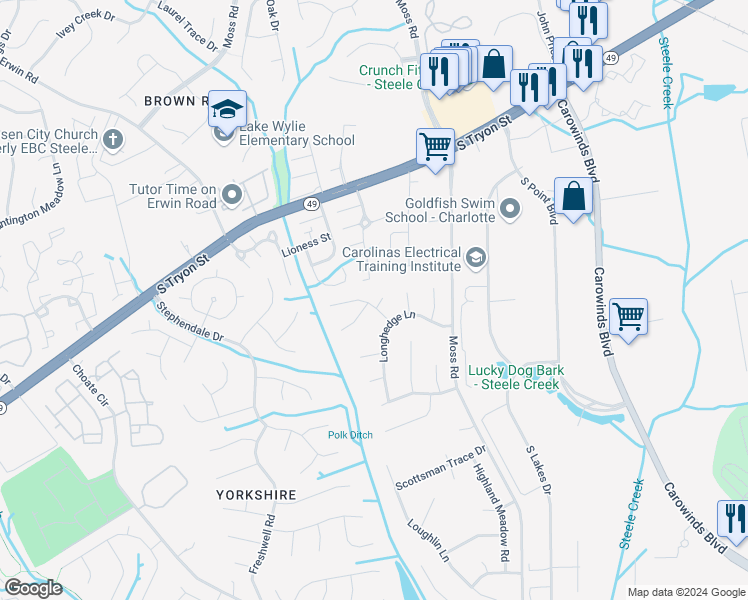 map of restaurants, bars, coffee shops, grocery stores, and more near 11314 Bumpious Court in Charlotte