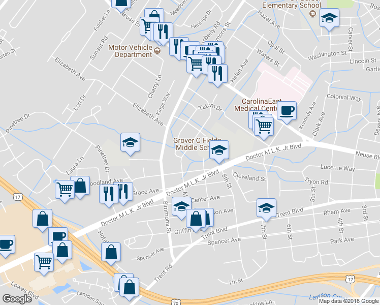 map of restaurants, bars, coffee shops, grocery stores, and more near 904 Meadows Street in New Bern