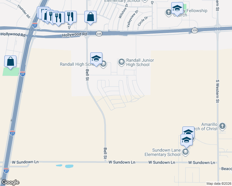map of restaurants, bars, coffee shops, grocery stores, and more near 5800 Attebury Drive in Amarillo