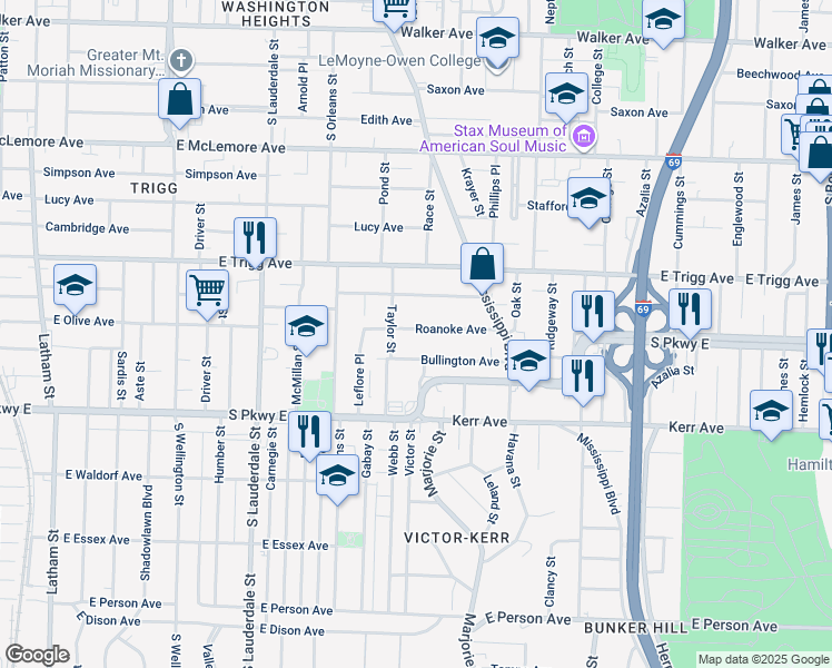 map of restaurants, bars, coffee shops, grocery stores, and more near 752 Roanoke Avenue in Memphis