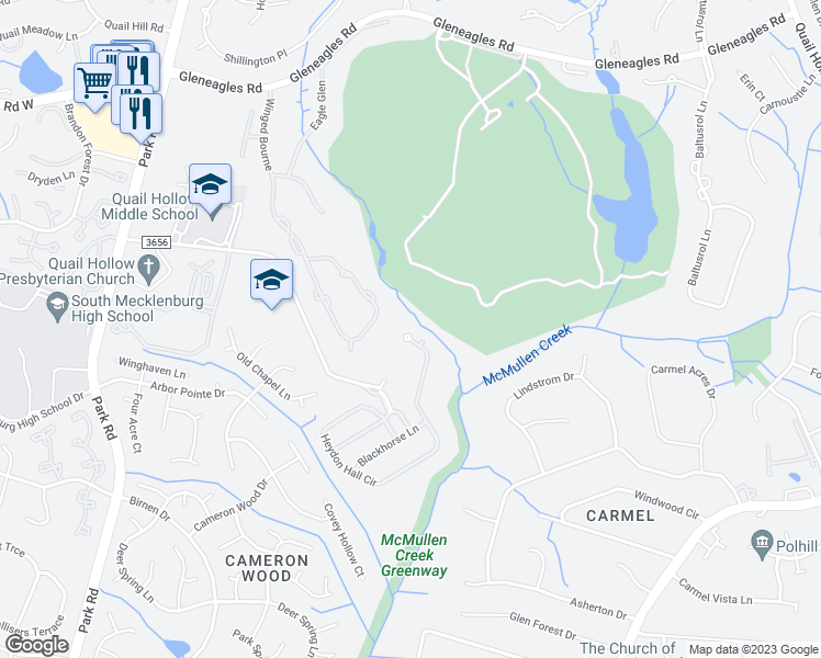 map of restaurants, bars, coffee shops, grocery stores, and more near 9514 Heydon Hall Circle in Charlotte