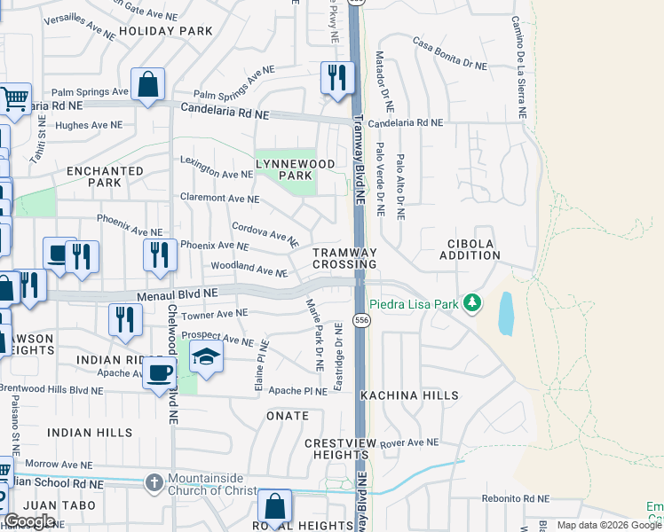 map of restaurants, bars, coffee shops, grocery stores, and more near 12519 Woodland Avenue Northeast in Albuquerque
