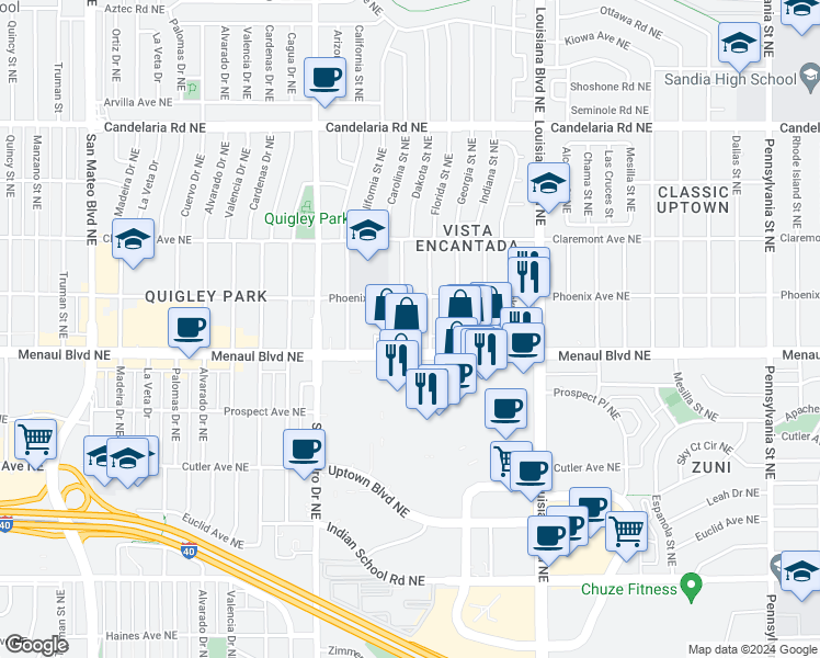 map of restaurants, bars, coffee shops, grocery stores, and more near 2629 Florida Street Northeast in Albuquerque