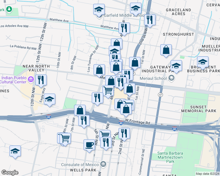 map of restaurants, bars, coffee shops, grocery stores, and more near in Albuquerque