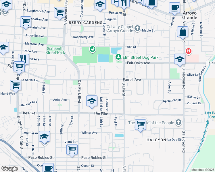 map of restaurants, bars, coffee shops, grocery stores, and more near 1211B Farroll Avenue in Arroyo Grande