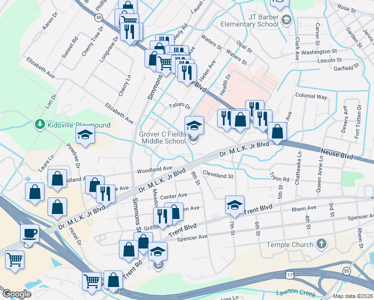 map of restaurants, bars, coffee shops, grocery stores, and more near 2000 Doctor Martin Luther King Junior Boulevard in New Bern