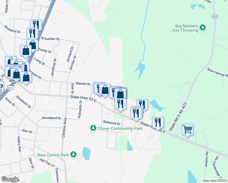 map of restaurants, bars, coffee shops, grocery stores, and more near 606 Stonegate Boulevard in Clover