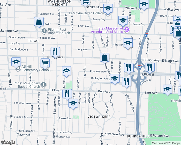 map of restaurants, bars, coffee shops, grocery stores, and more near 752 Roanoke Avenue in Memphis