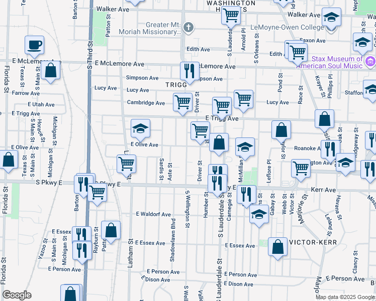 map of restaurants, bars, coffee shops, grocery stores, and more near 478 East Olive Avenue in Memphis