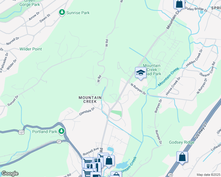 map of restaurants, bars, coffee shops, grocery stores, and more near 1005 Mountain Creek Road in Chattanooga