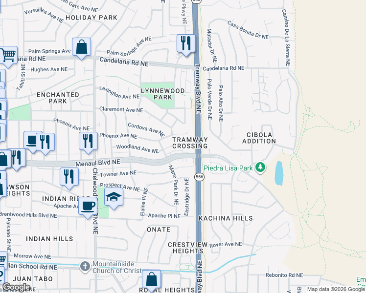 map of restaurants, bars, coffee shops, grocery stores, and more near 12519 Woodland Avenue Northeast in Albuquerque