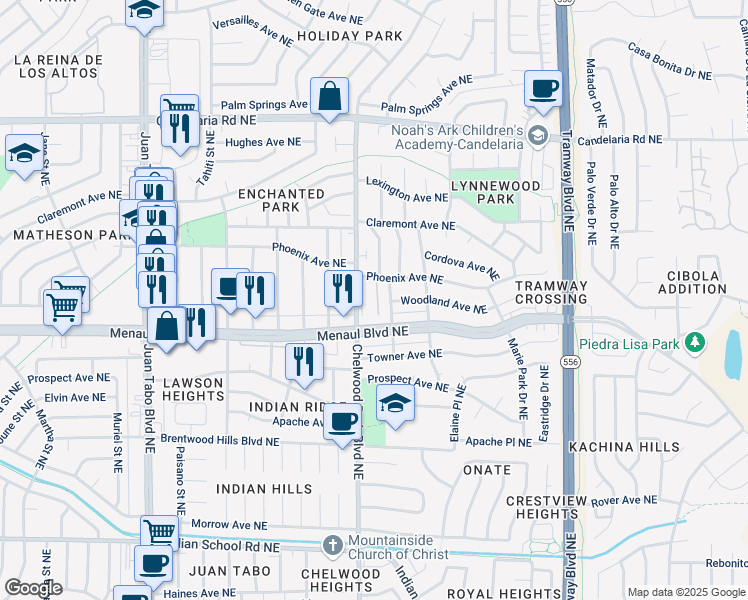 map of restaurants, bars, coffee shops, grocery stores, and more near 12008 Phoenix Avenue Northeast in Albuquerque