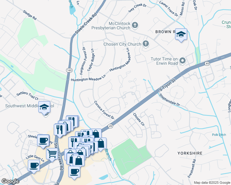 map of restaurants, bars, coffee shops, grocery stores, and more near 14513 Folly Court in Charlotte