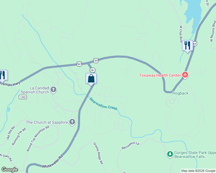 map of restaurants, bars, coffee shops, grocery stores, and more near 141 Walter Mcneely Road in Sapphire