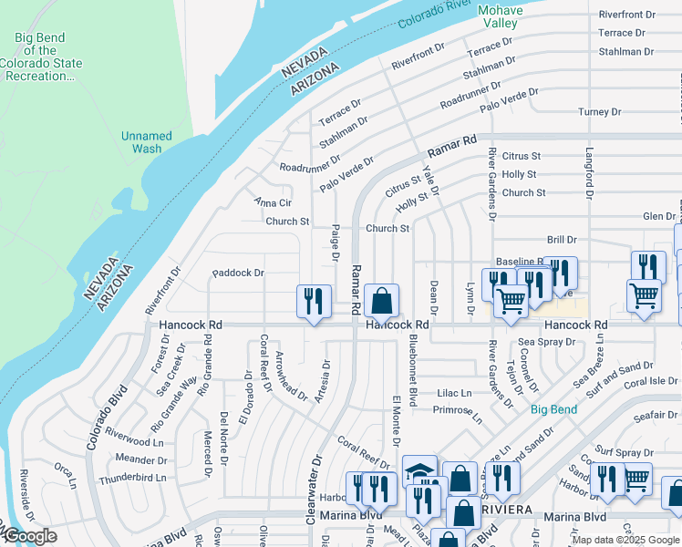 map of restaurants, bars, coffee shops, grocery stores, and more near 527 Ramar Road in Bullhead City