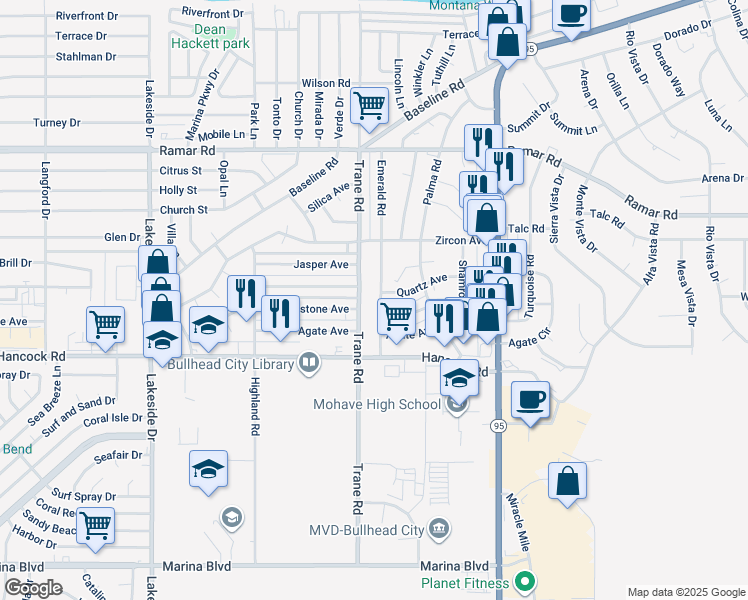 map of restaurants, bars, coffee shops, grocery stores, and more near 1275 Quartz Avenue in Bullhead City