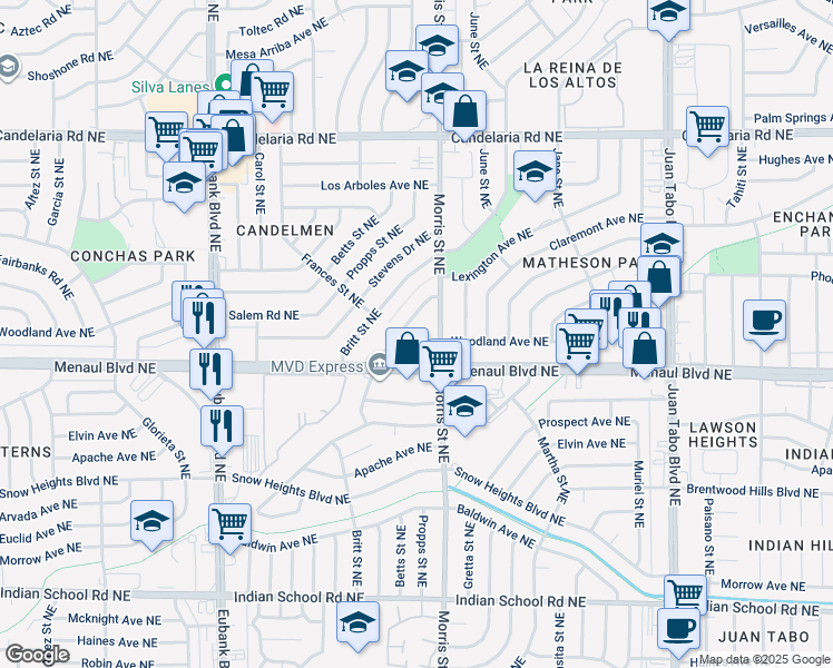 map of restaurants, bars, coffee shops, grocery stores, and more near 2413 Elizabeth Street Northeast in Albuquerque
