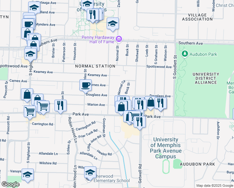 map of restaurants, bars, coffee shops, grocery stores, and more near 763 Normal Circle in Memphis