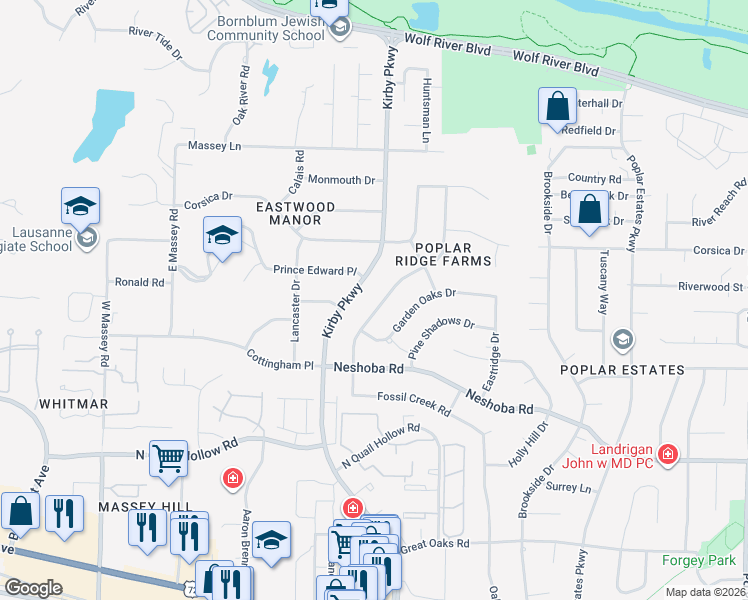 map of restaurants, bars, coffee shops, grocery stores, and more near 1403 Poplar Ridge Drive in Memphis
