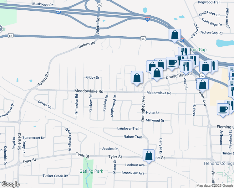 map of restaurants, bars, coffee shops, grocery stores, and more near 2320 Maplewood Drive in Conway