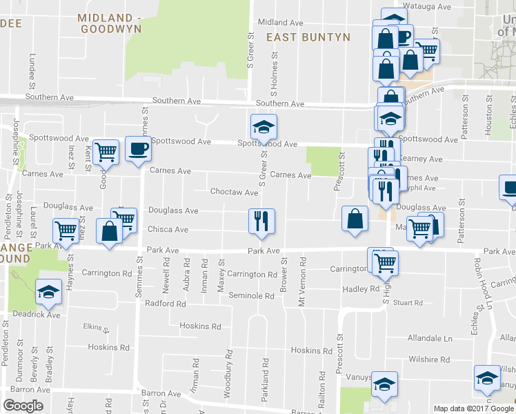 map of restaurants, bars, coffee shops, grocery stores, and more near 3250 Douglass Avenue in Memphis