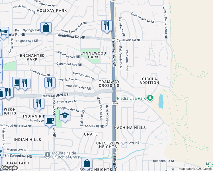 map of restaurants, bars, coffee shops, grocery stores, and more near 12519 Woodland Avenue Northeast in Albuquerque