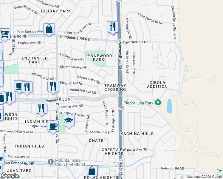 map of restaurants, bars, coffee shops, grocery stores, and more near 12519 Woodland Avenue Northeast in Albuquerque