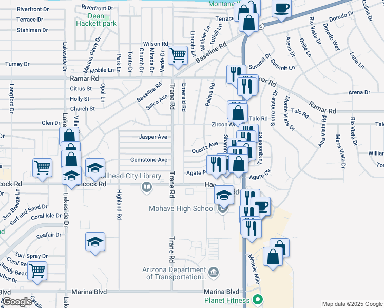 map of restaurants, bars, coffee shops, grocery stores, and more near 1290 Quartz Avenue in Bullhead City