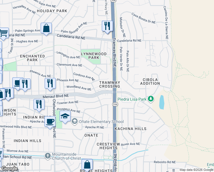 map of restaurants, bars, coffee shops, grocery stores, and more near 12519 Woodland Avenue Northeast in Albuquerque