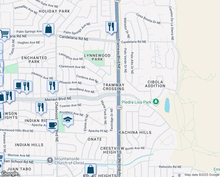 map of restaurants, bars, coffee shops, grocery stores, and more near 12519 Woodland Avenue Northeast in Albuquerque