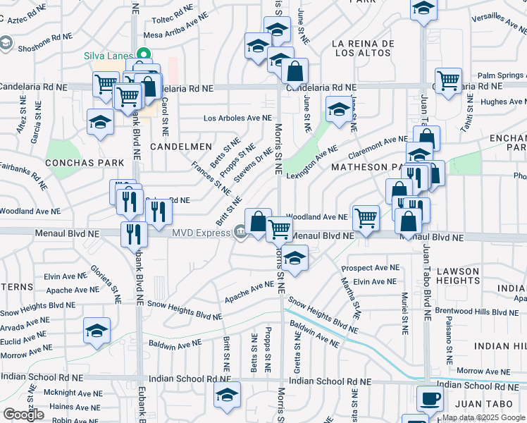 map of restaurants, bars, coffee shops, grocery stores, and more near 2413 Elizabeth Street Northeast in Albuquerque