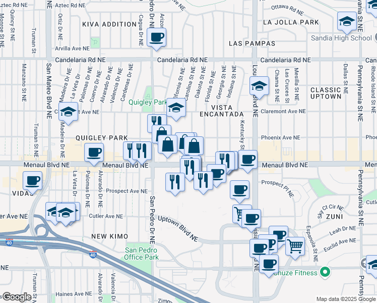 map of restaurants, bars, coffee shops, grocery stores, and more near 2627 Dakota Street Northeast in Albuquerque